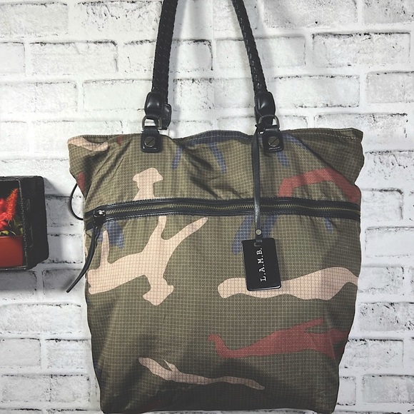L.A.M.B. Handbags - LAMB by Gwen Stefani Camo Handbag Black Leather Braided rolled handles in EUC!